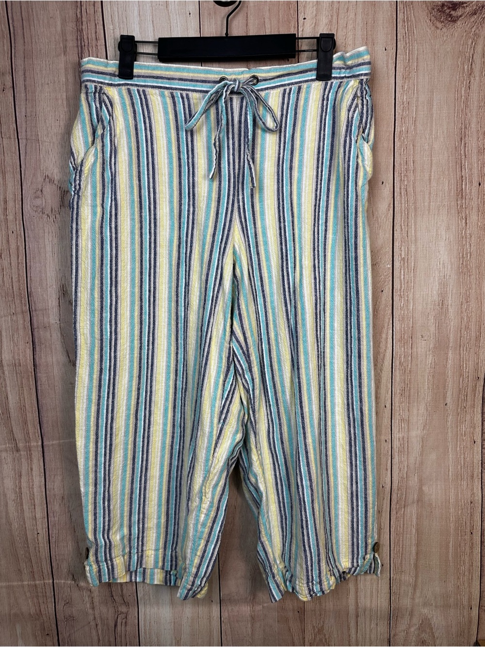 N Touch Linen Blend Pastel Stripe Drawstring Capris - Multicolor